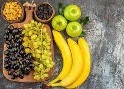 Owoce, Winogrona, Banany, Deska, Jabłka