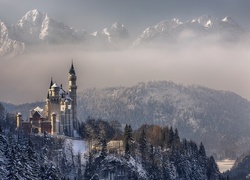 Bawarski zamek Neuschwanstein we mgle zimą