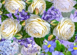 Białe róże i fioletowe kwiaty w grafice