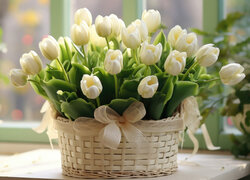Białe tulipany w koszyczku przy oknie