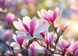 Biało-różowe kwiaty magnolii w grafice