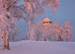 Białogórski Monaster św Mikołaja w Rosji za ośnieżonymi drzewami