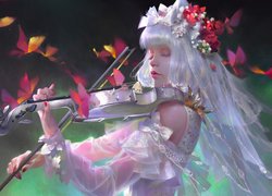 Białowłosa dziewczyna z wiankiem na głowie grająca na skrzypcach