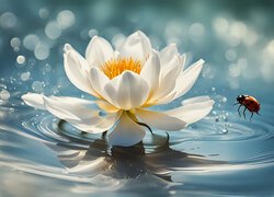 Biedronka obok białej lilii wodnej