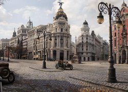 Hiszpania, Madryt, Biurowiec Metropolis, Ulica Gran Via, Rok 1900, Kamienice, Zabytkowe, Samochody, Latarnie, Matte painting