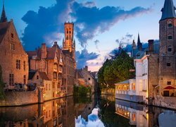 Rzeka, Kanał, Domy, Wieża Belfort, Dzwonnica, Brugia, Belgia