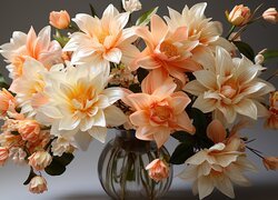Bukiet kremowych kwiatów szklanym wazonie