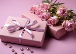 Bukiet różowych róż i dwa pudełka z prezentami