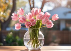Bukiet różowych tulipanów w szklanym wazonie