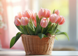 Bukiet różowych tulipanów w wiklinowym koszu