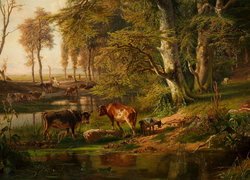 Malarstwo, Obraz, Paul Gabriel, Krowy, Koza, Staw, Las, Drzewa