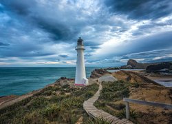 Wybrzeże, Latarnia morska, Castlepoint Lighthouse, Skały, Morze, Chmury, Wellington, Nowa Zelandia