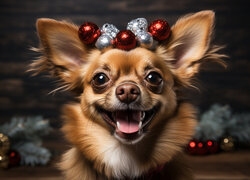 Chihuahua z bombkami na czubku głowy