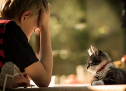 Chłopiec zajęty pisaniem i obserwujący go kotek
