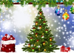 Boże Narodzenie, Nowy Rok, Choinka, Prezenty, Bombki, Grafika
