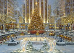 Boże Narodzenie, Choinka, Lodowisko, Budynki, Rockefeller Center, Nowy Jork, Stany Zjednoczone