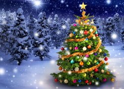 Boże Narodzenie, Choinka, Las, Śnieg, Gwiazdy, 2D