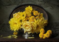 Żółte, Róże, Chryzantemy, Bukiet kwiatów