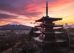 Świątynia, Chureito Pagoda, Góra, Fudżi, Mount Fuji, Miasto Fujiyoshida, Prefektura Yamanashi, Zachód słońca, Wyspa Honsiu, Japonia