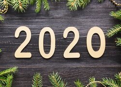 Sylwester, Nowy Rok, 2020, Zielone, Gałązki, Koraliki, Deski