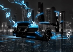 Czarne Lamborghini Murcielago na tle nocnego miasta w grafice 3D
