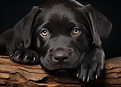 Czarny pies na czarnym tle oparty o drzewo