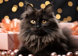 Czarny puszysty kot obok prezentów