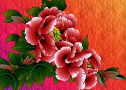 Czerwone kwiaty z liśćmi na kolorowym tle w 2D