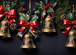 Cztery ozdobne dzwonki z czerwonymi kokardami