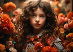 Długowłosa dziewczynka w pomarańczowych kwiatach