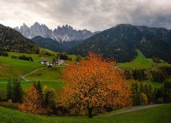Dolina Val di Funes we Włoszech jesienną porą