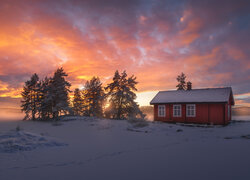 Dom i drzewa na zasypanym śniegiem polu o zachodzie słońca