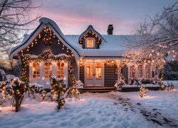 Zima, Dom, Drzewa, Światła, Święta