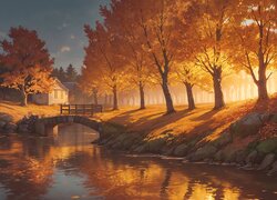 Jesień, Rzeka, Drzewa, Dom, Grafika