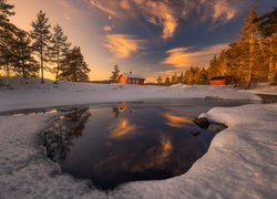 Ringerike, Jezioro Vaeleren, Domy, Drzewa, Zachód słońca, Zima, Norwegia