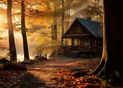 Jesień, Las, Drzewa, Dom, Liście, Staw, Mgła, Słońce