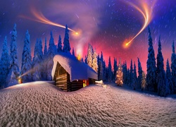 Domek na skraju lasu w zimowej szacie oświetlony gwiazdami