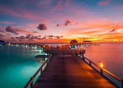 Morze, Zachód słońca, Pomosty, Domki, Malediwy
