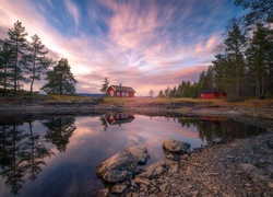 Domy i drzewa nad jeziorem Vaeleren w Ringerike w Norwegii