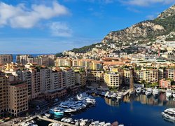 Monako, Morze Śródziemne, Jachty, Przystań, Domy, Wzgórze, Niebo