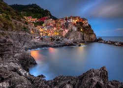 Włochy, Gmina Riomaggiore, Manarola, Cinque Terre, Morze Liguryjskie, Kolorowe, Domy, Zatoka