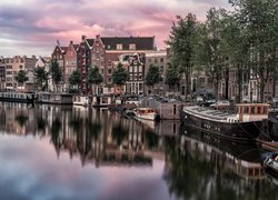 Holandia, Amsterdam, Domy, Drzewa, Rzeka, Kanał, Statki