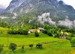 Góry, Alpy Julijskie, Lasy, Drzewa, Domy, Mgła, Roślinność, Gmina Bovec, Słowenia