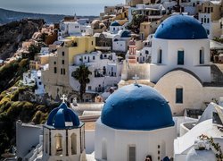 Domy, Niebieskie, Dachy, Wioska Oia, Santorini, Grecja