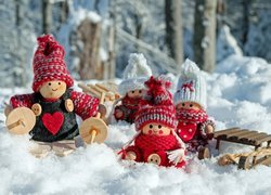 Laleczki, Drewniane, Zabawki, Sanki, Śnieg, Zima
