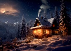 Zima, Dom, Oświetlony, Drzewa, Las, Noc, Księżyc, Śnieg, Grafika