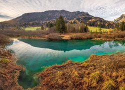 Słowenia, Kranjska Gora, Rezerwat przyrody Zelenci, Jezioro Zelenci, Góry, Lasy, Drewniany, Pomost, Chmury