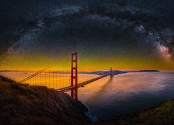 Stany Zjednoczone, Stan Kalifornia, Skały, Most, Golden Gate Bridge, Cieśnina Golden Gate, Noc, Gwiazdy, Droga Mleczna
