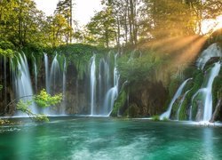 Wodospad, Park Narodowy Jezior Plitwickich, Jezioro, Drzewa, Rośliny, Chorwacja