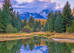 Park Narodowy Grand Teton, Góry Skaliste, Drzewa, Rzeka, Snake River, Chmury, Stan Wyoming, Stany Zjednoczone